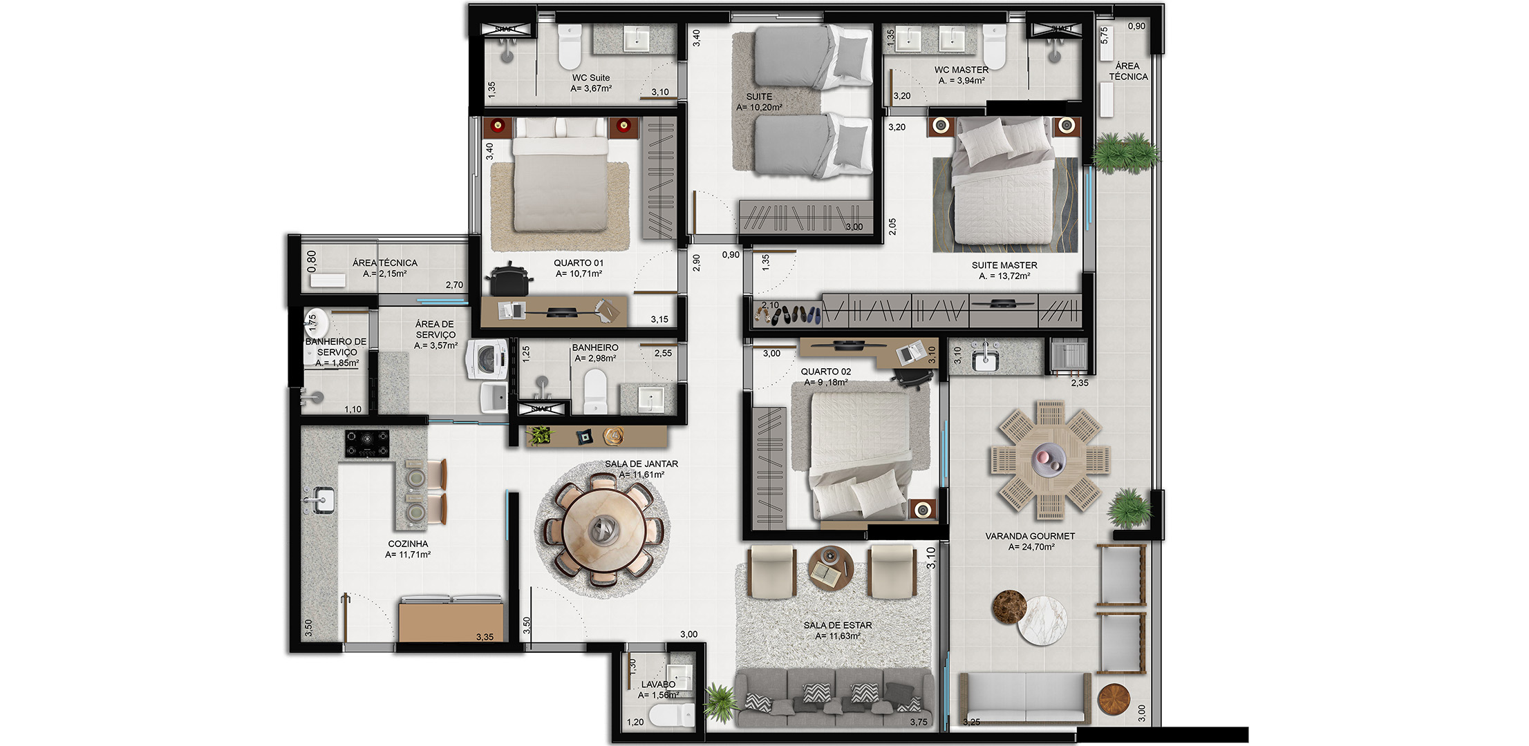 4 Dorms (sendo 2 Suítes e 2 Semi-Suítes) · 146,87 m²